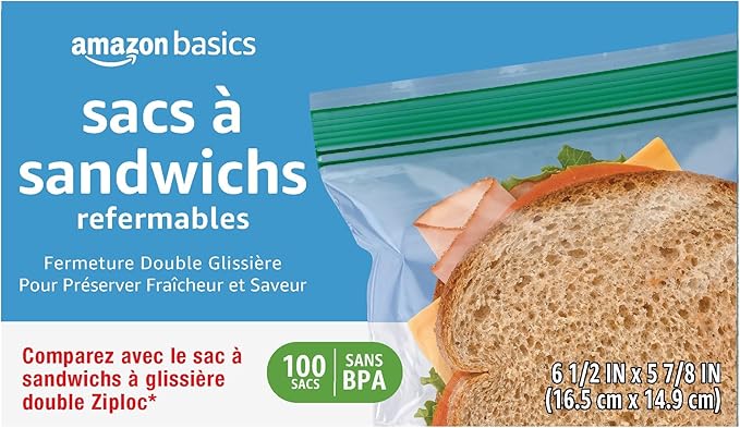 Amazon Basics Reclosable Double Zipper Sandwich Storage Bags for Food Storage, BPA Free, 100 Count (Pack of 2)