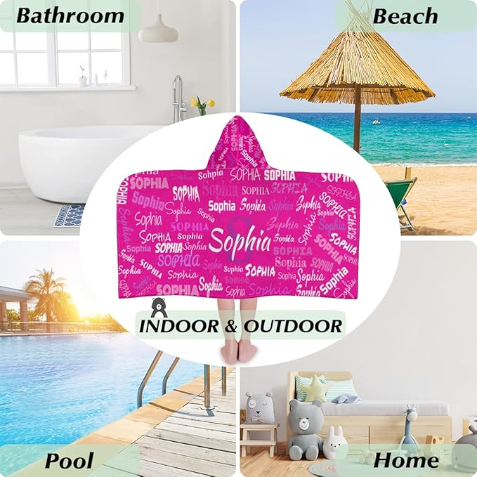 Custom Name Beach Towel for Boys Girls, Kids Babies Personalized Name Hooded Beach Towel Quick-Drying for Beach, Travel, Camping, Seaside, Swimming, Rosy Pink Color Background