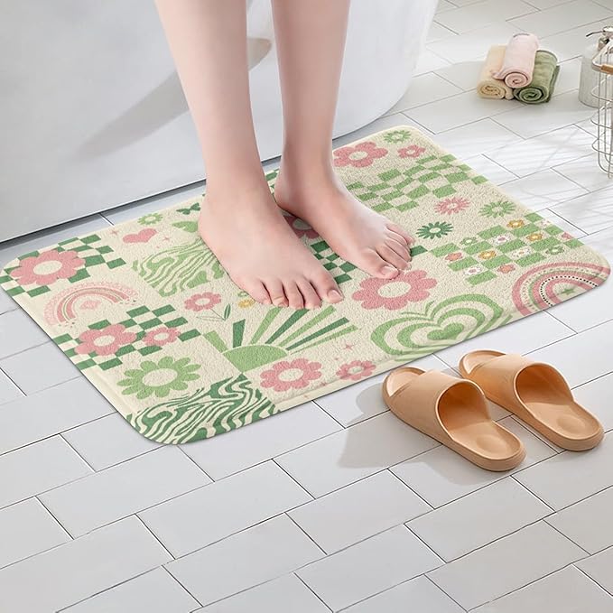 Cartoon Daisy Flowers Kids Bath Mats,Geometric Plaid Checkerboard Stripe Patchwork Mats Rugs for Girls,Rainbow Grid Bath Carpets,Green Unique Bath Rugs,Absorbent Floor Mats,20Wx32L Inches