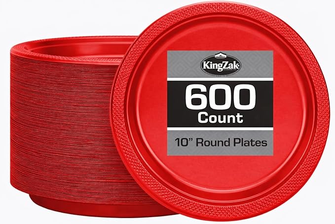 Hanna K. Signature Red Plastic Plates 10 Inch 600 Count – Heavy Duty Disposable Dinner Plates Bulk for Catering, Weddings & Events