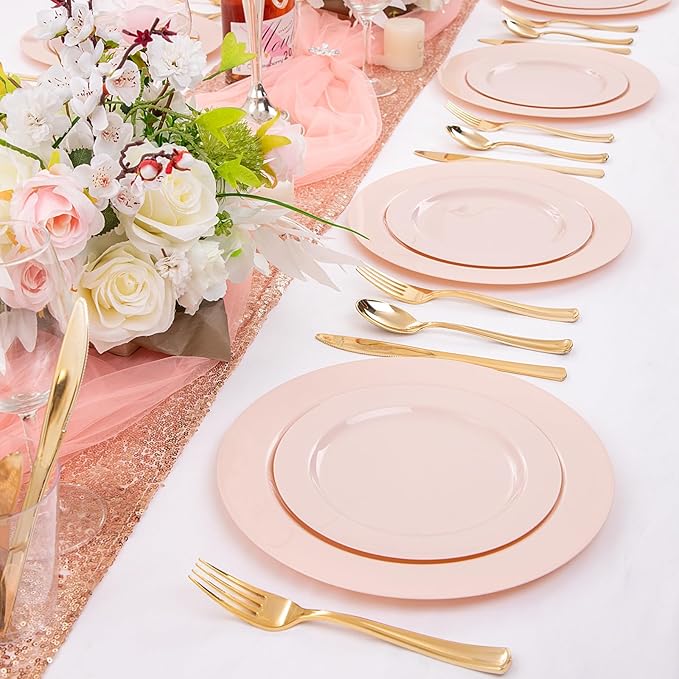 FLOWERCAT 60PCS Pink Plastic Plates - Heavy Duty Pink Plates Disposable for Spring Party&Mother's Day/Wedding - serving 30 guests Include 30PCS 10.25inch & 30PCS 7.5inch