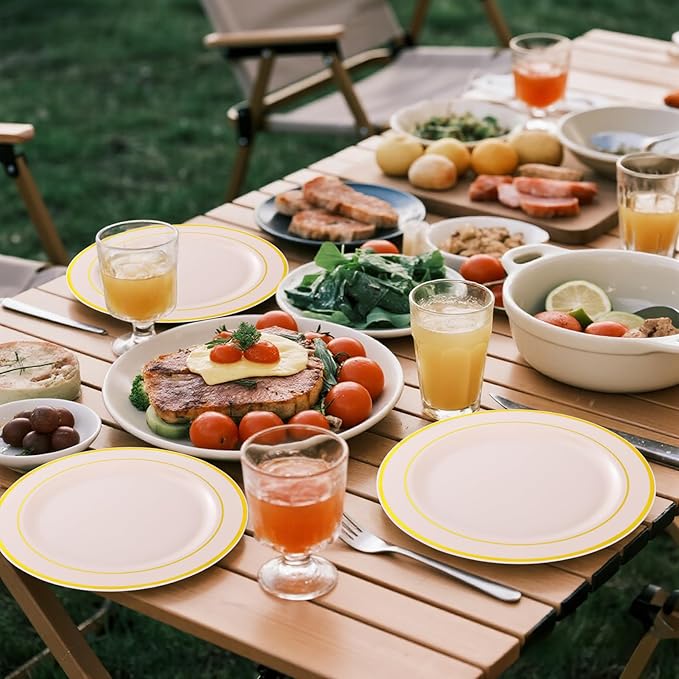 GATHER 350PCS Pink Plastic Plates - Disposable Plastic Dinnerware Set Include 100 Pink Plates, 150 Silverware, 50 Napkins, 50 Cups for Party & Wedding & Baby Shower