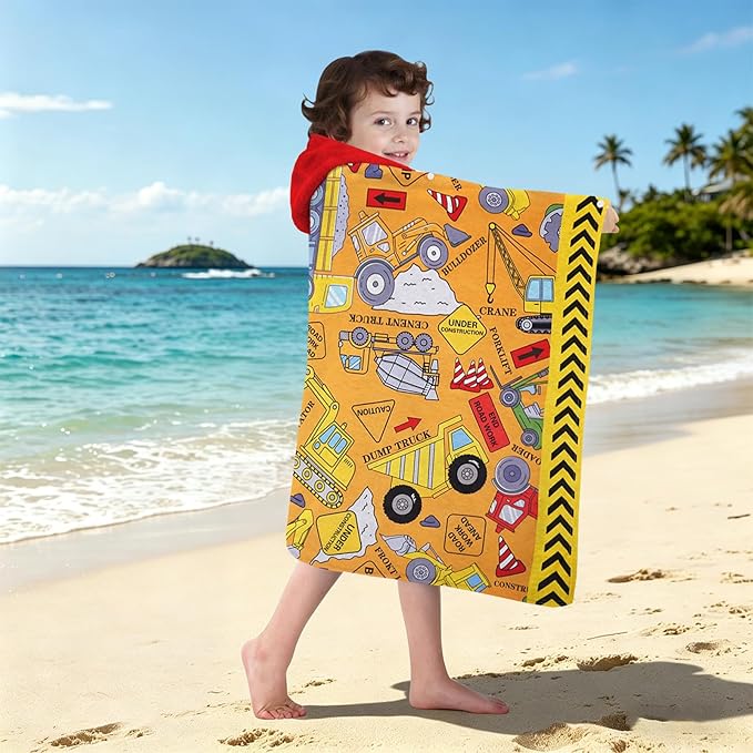 Hooded Towels for Kids - Superfine Fiber Excavator Toddler Hood Bath Towels Beach Hooded Poncho Absorbent Pool Toddler Swim Bath Wrap for Boys & Girls 3-10 Years Beach Essentials, 50*30 inches