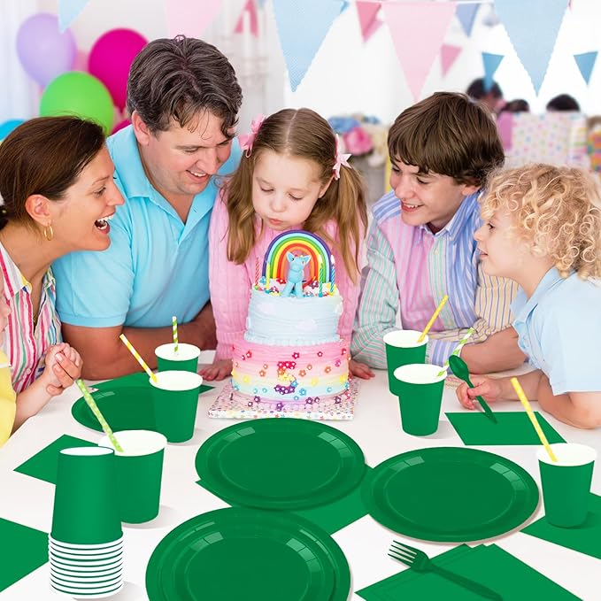 228PCS Green Party Supplies Set Include Paper Plates Cups Paper Napkins Plastic Spoons Forks Knives for 30 Guests Disposable Party Dinnerware for Birthday Wedding Family Picnic