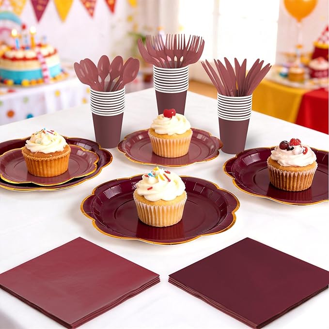350Pcs Burgundy Paper Plates and Napkins Party Supplies,Maroon Scalloped Plates with Gold Rim,Burgundy Disposable Plates Set for Women Girls Birthday Weddings Bridal Shower Grad Party Decor,Serves 50