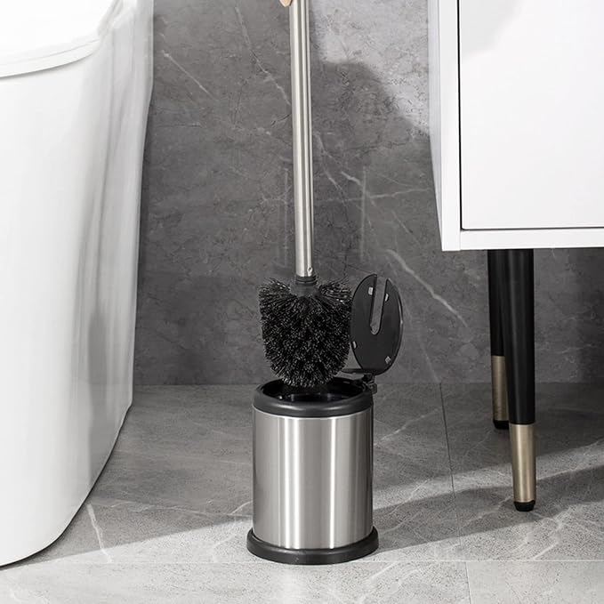 Casaphoria Stainless Steel Toilet Bowl Brush and Holder set for Deep Cleaning,Bowl Scrubber Brush with Lid for Bathroom,Deluxe Freestanding Toilet Brush and Plunger Combo