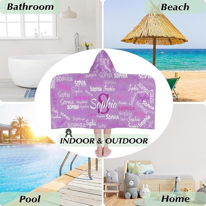 Personalized Hooded Beach Towels for Kids, Custom Beach Towels with Names, Customize with Your Name, Kids Bath Towel Hooded, Lavender Purple