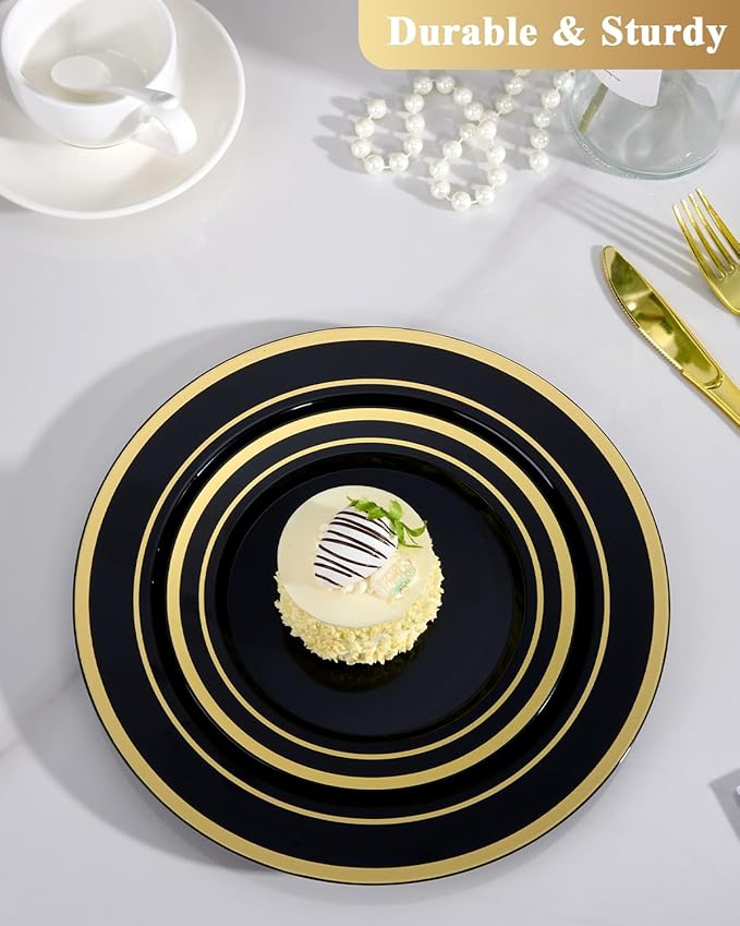 Goodluck 120PCS Black Plastic Plates with Gold Rim, Heavy Duty Disposable Black Plates with 60 10.25 inch Dinner Plates and 60 7.5 inch Dessert Plates for Party, Holiday, Wedding