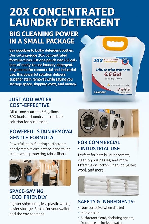 20X Concentrated Laundry Detergent Refill for Home Use, Makes 2.6 Gallons (300 Loads) – Powerful Stain Removal, HE Compatible, Great Value for Families