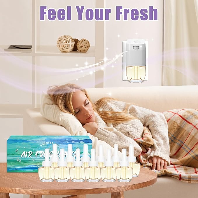 Plug In Air Fresheners for Home – 12 Pack Scented Refills with 1 Plug In Warmer – Linen, Lavender, Vanilla, Long Lasting Fresh Air Freshener, Odor Eliminator for Bathroom, Room, House