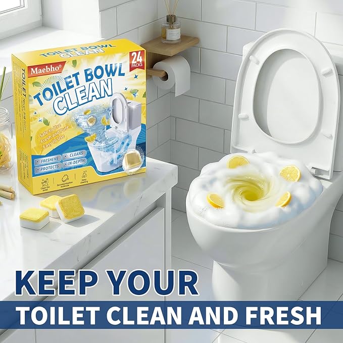Toilet Bowl Cleaner Tablets – Deodorizer & Septic Safe, Odor Eliminator, Stain Remover for Long-Lasting Freshness – Fresh Lemon Scent 24 Pack