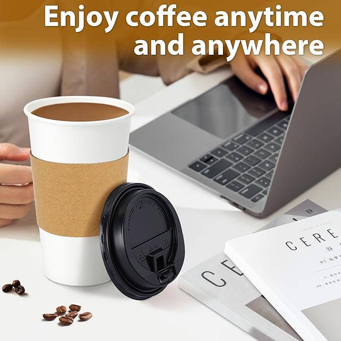 Clawsoff 50 Pack 16 oz Disposable Coffee Cups with Lids and Insulated Sleeves, Leak-free Paper and Sturdy Thick Paper Hot to Go Coffee Cups with Lids for Cold/Hot Beverage (White)