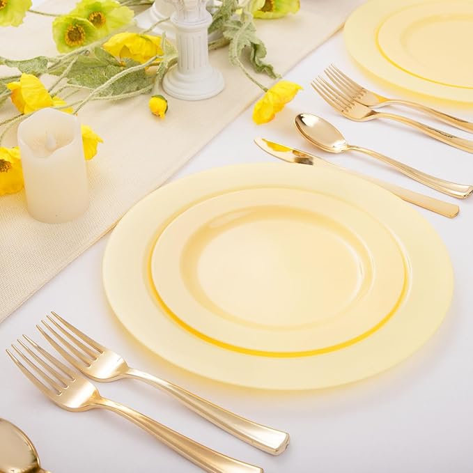 FLOWERCAT 60PCS Yellow Plates - Heavy Duty Yellow Plastic Plates Disposable 10.25inch & 7.5inch for Birthday Party/Wedding/Spring - Serve for 30 guests