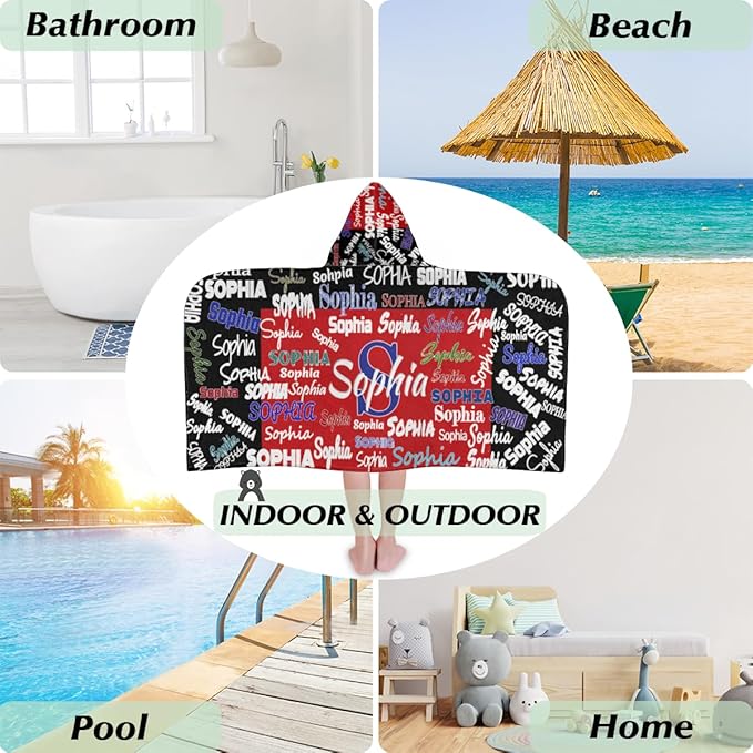 Personalized Hooded Towel Kids Beach Towels Name Custom Baby Toddlers Cotton Wrap Changing Robe for Shower Beach Trip Pool Bathrobe, Black and Red Color