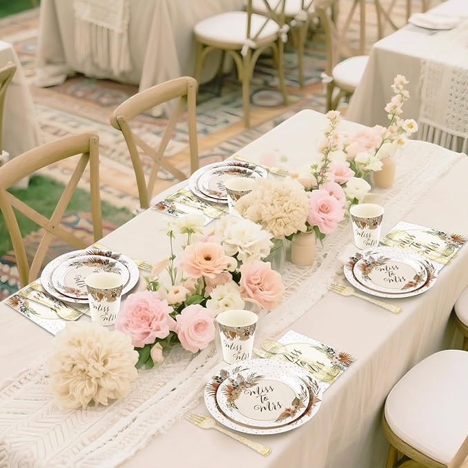 Boho Bridal Shower Decorations, 168Pcs Bridal Shower Plates and Napkins Sets Serve 24, Miss to Mrs, Love is In Bloom, Love is Brewing, Bride To Be, Bachelorette, Fall in Love Wedding Shower
