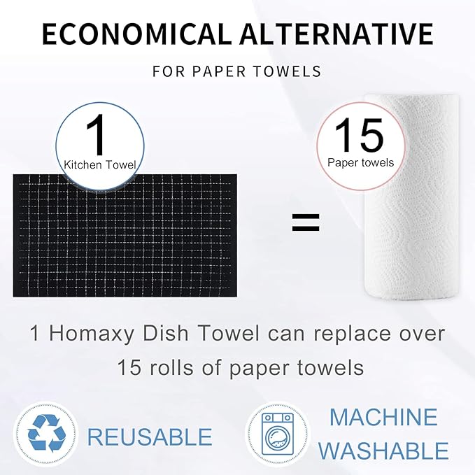 Homaxy 100% Cotton Terry Kitchen Towels(Black, 20 x 28 inches), Checkered Designed, Soft and Super Absorbent Dish Towels, Large 6 Pack