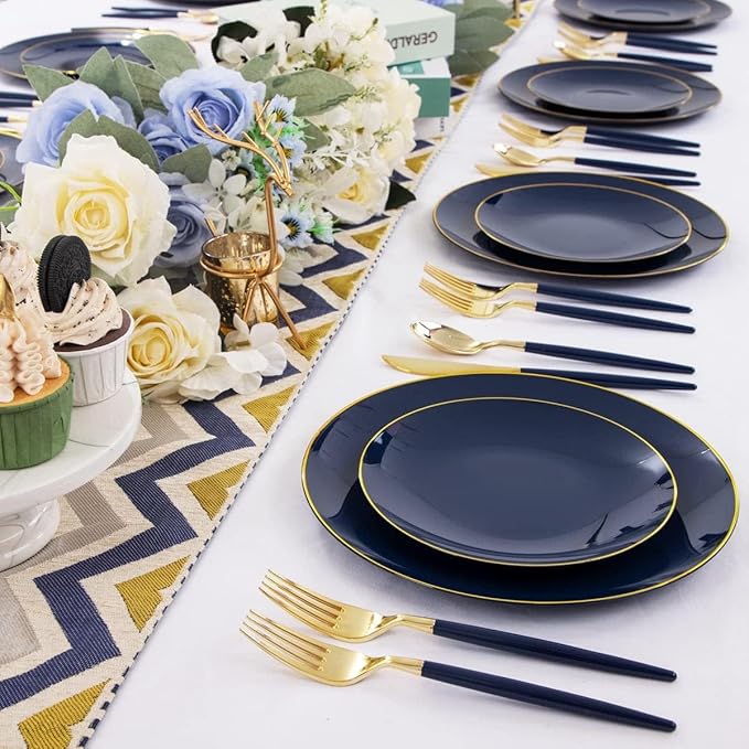 Liacere 150PCS Blue Plastic Plates - Gold Plastic Silverware with Blue Handle - Navy Disposable Plates Include 30 Guests Plates,Forks,Spoons,Knives for Party & Graduation & Memorial Day