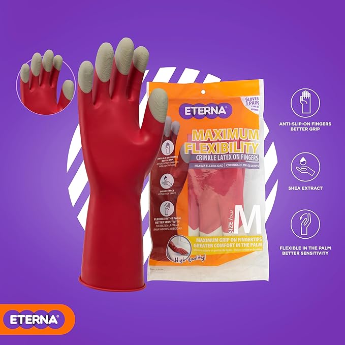 ETERNA Maximum Flexibility Gloves, Size M, Gloves for Kitchen, Laundry and Household Cleaning, Anti-Slip on Fingers, Better Grip, Shea Extract 2.36 Oz