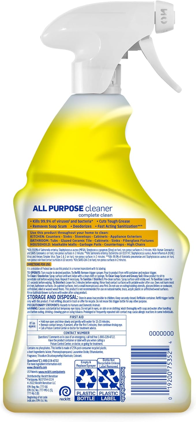 Lysol All Purpose Cleaner Spray, Multi-Purpose Disinfecting Spray, Kitchen & Bathroom Cleaner, Lemon Breeze Scent, 32 Fl Oz