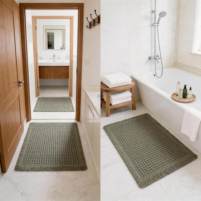 Waffle Bathroom Rugs, Large Non Slip Absorbent Waffle Knit Bath Mat for Shower Floor, Tub and Bathroom Door, Ultra Soft Quick Dry, Olive Green, 24"x36"
