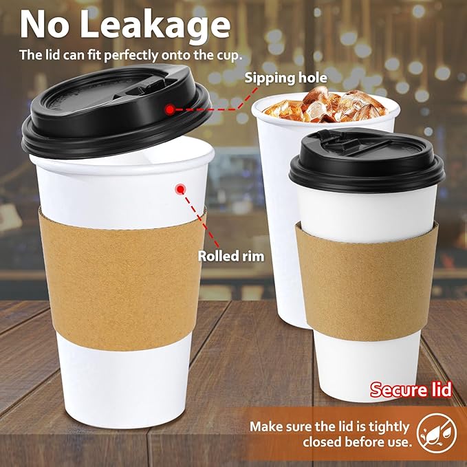 Clawsoff 100 Pack 16 oz Disposable Paper Coffee Cups with Lids and Sleeves, Sturdy Thick Paper Cups with Lids(White)