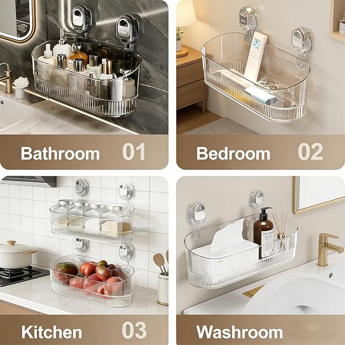 No-Drill Bathroom Suction Storage Box – Large Capacity & Strong Load-Bearing, No Drill Bathroom Shelves Drain Rack Organizer, Hanging Shower Caddy Suction Cups Heavy Duty (Clear)