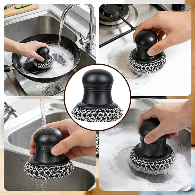 316 Upgraded Cast Iron Scrubber with Pan Scraper,Cast Iron Cleaner for Grill Pan Skillet Wok Carbon Steel,Ergonomic to Hold Easy to Use Dishwasher Safe ((Large Chain Mail,2pcs))