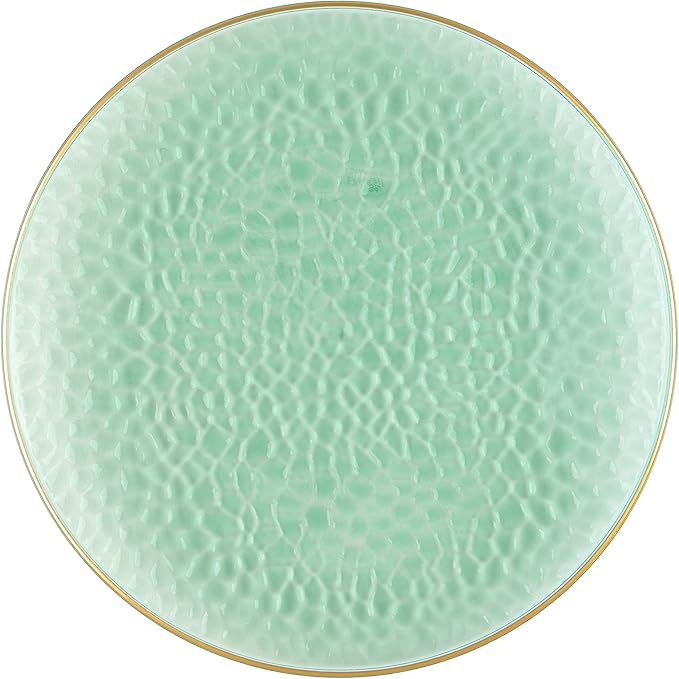 PLASTICPRO 30 Pack Hammered Plastic Plates Heavyweight Disposable Plastic Plates Elegant Clear Hammered Rim Platsic Party Dishes (Hamered Green With Gold Rim, 9'' INCH PLATES)