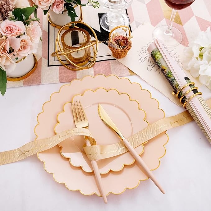 LIYH 60 Pcs Pink Plastic Plates with Gold Pink Plates Disposable Plate Includes 30 Dinner 10.25" and 30 Dessert Plate 7.5" for Baby Shower,Weddings,Parties,Birthday,Mothers Day