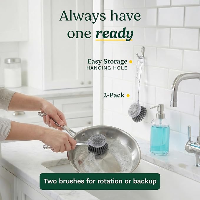 Cuisinart Dish Brush with Handle 2 Pack – Kitchen Scrub Brush for Dishes, Pots & Pans, Non-Scratch Dish Scrubber, Firm Bristles for Sink & Cookware, Comfortable Grip for Everyday Cleaning