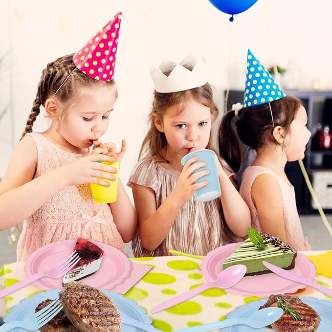 350 Pcs Baby Gender Reveal Plates and Napkins, 50 Guest Boy or Girl Gender Reveal Party Supplies Include Light Pink and Light Blue Plates Napkin Cup Plastic Spoon Fork Knive for Baby Shower