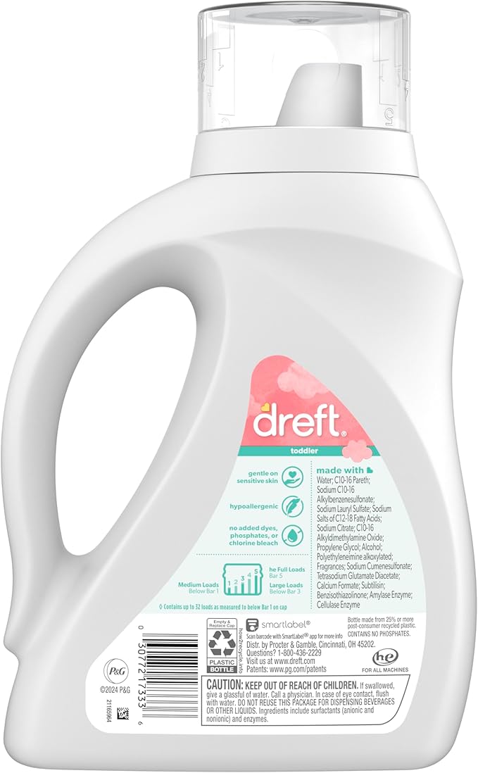 Dreft Toddler Liquid Laundry Detergent, Gentle on Sensitive Skin Laundry Soap, 42 fl oz, 32 Loads, Pack of 2 (Packaging May Vary)