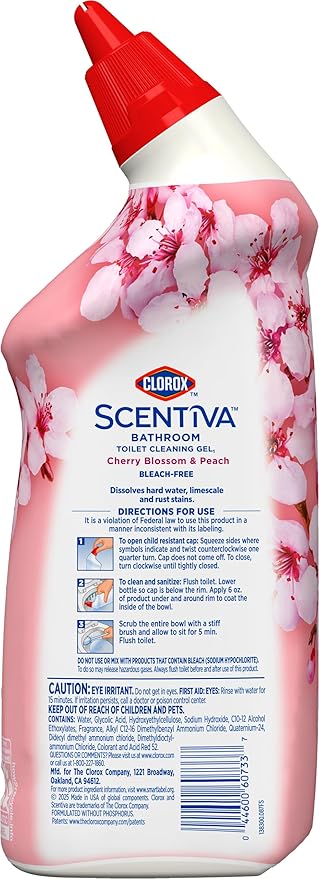 Clorox Scentiva Bathroom Toilet Cleaning Gel, Cherry Blossom and Peach, 24 Fluid Ounces (Pack of 2)