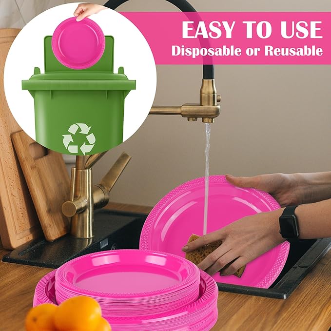 Aodaer 400 Pieces Hot Pink Party Supplies Disposable Dinnerware Set Include Plastic Plates Cups Knives Forks Spoons Paper Napkins for Birthday Wedding Graduation Parties, Serve 50 Guests