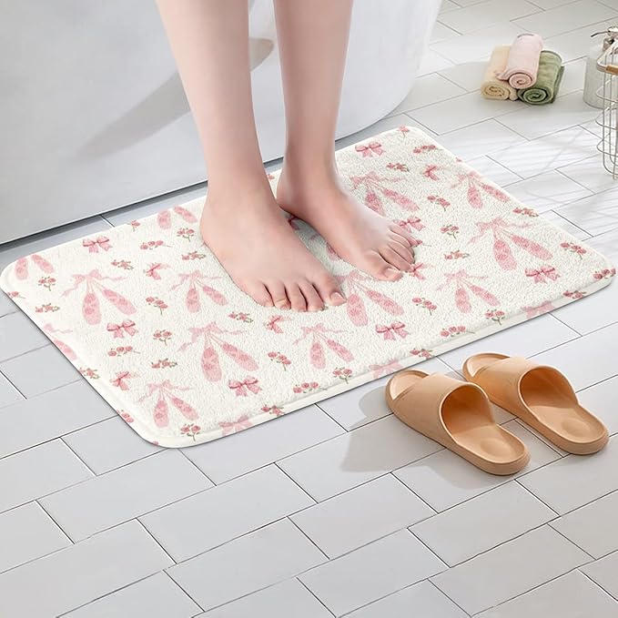 Ballet Shoes Kids Bath Mats,Pink Bowknot Bow Tie Geometric Patchwork Mats Rugs for Girls,Rose Flowers Dots French Bath Carpets,Romantic Unique Bath Rugs,Absorbent Floor Mats,16Wx24L Inches