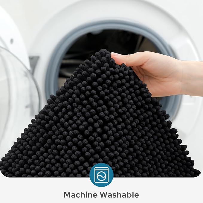 BYSURE Black Bathroom Rugs Sets 3 Piece Non Slip Extra Absorbent Plush Chenille Soft Washable Bath Mats