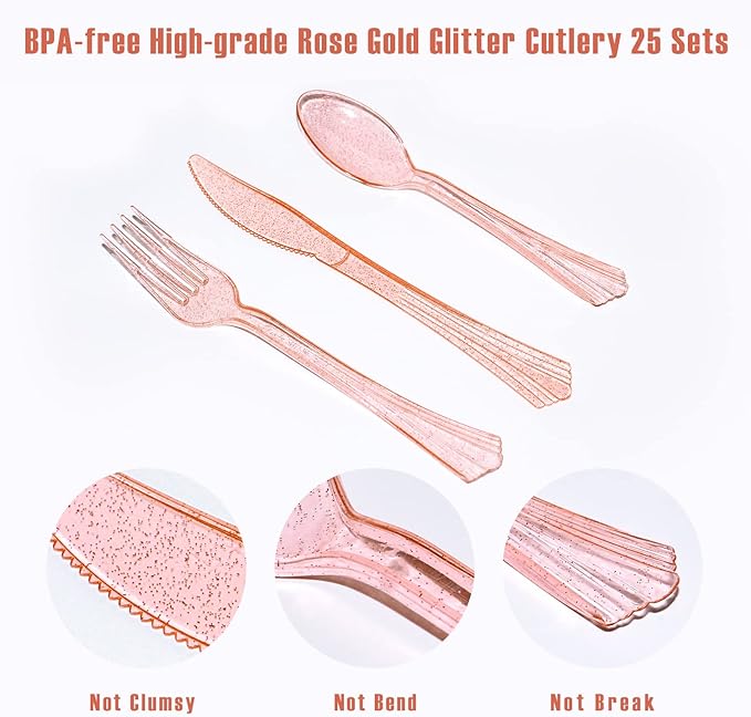 AIRE 175PCS Pink Rose Gold Plates Party Supplies Severs 25 Guests Disposable Party Decorations, Plastic Forks Knives Spoons, Golden Dot Paper Plates Napkins Cups for Mothers Day Birthday Wedding