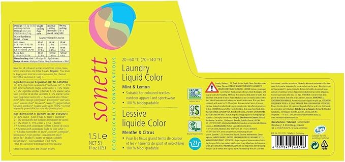 Sonett Organic Laundry Liquid Detergents, Mint & Lemon (Pack of 6) for all colored textiles Certified Organically Grown