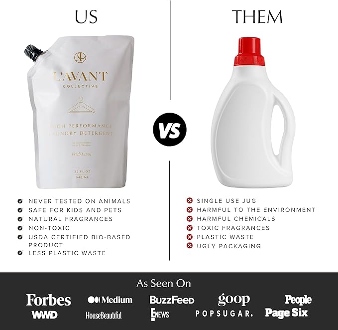 L'AVANT Collective Luxury Laundry Detergent Refill | Eco-Friendly, 75% Less Plastic | Fresh Linen | Natural Non-Toxic Liquid Laundry Soap with Enzymes | Plant-Based, HE Compatible | 32 oz