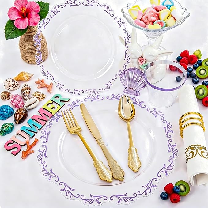 PULOTE 175PCS Purple Plastic Plates - Clear Plastic with Purple Rim - Include 25 Each (Dinner & Dessert) Plates, 25 Guests Cutlery, 25 Cups, 25 Napkins for Party & Spring