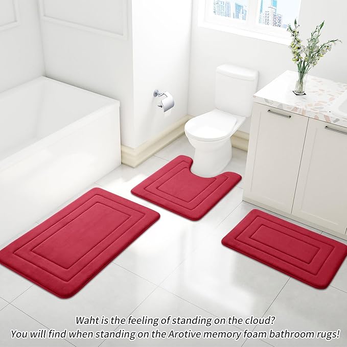 Arotive Memory Foam Bathroom Rug Mat 24x16, Ultra Soft and Absorbent Bath Mat, Machine Wash Dry, Comfortable Bath Rug Carpet for Bathroom Floor, Tub and Shower, Red