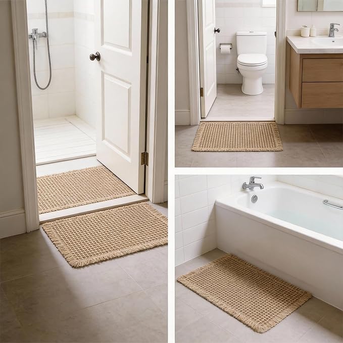 Set of 2 Waffle Bathroom Rugs, Non Slip Absorbent Waffle Knit Bath Mat for Shower Floor, Tub and Bathroom Door, Ultra Soft Quick Dry, Brown, 17"x24"+18"x30"