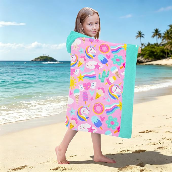 Hooded Towels for Kids - Superfine Fiber Unicorn Toddler Hood Bath Towels Beach Hooded Poncho Absorbent Pool Toddler Swim Bath Wrap for Boys & Girls 3-10 Years Beach Essentials, 60*35 inches
