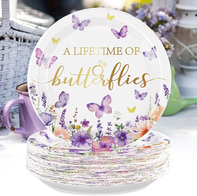 50Pcs Butterfly Bridal Shower Party Supplies Butterfly Paper Plates 9" Disposable Spring Watercolor Floral Dessert Platters A Lifetime of Butterflies Party Decorations for Wedding Engagement Party