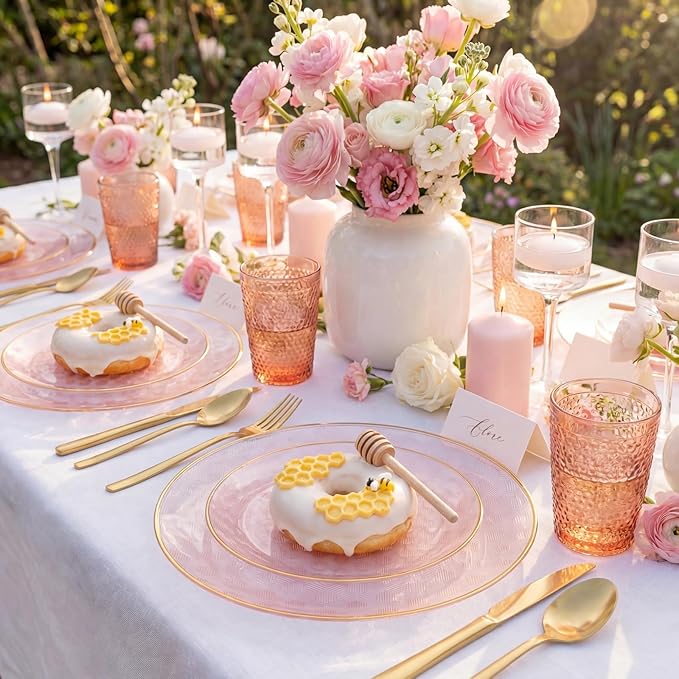 Festiva 60PCS Clear Pink Gold Plastic Plates - Heavy Duty Fancy Disposable Plates With Gold Rim-serve for 30 guests Include 30PCS 10.25" & 30PCS 7.5" Honeycomb Design Plates for Party(Pink)