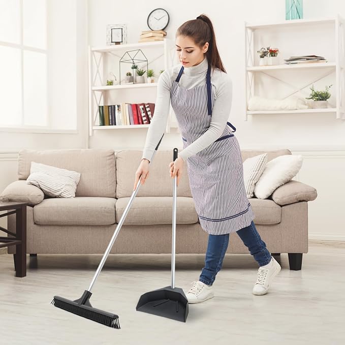 Superio Silicone Dust Pan with 35" Aluminum Long Handle & 16 Pet Hair Remover Silicone Broom - Lobby Dustpan Stand-Up & Carpet Rake Set for Hardwood, Tile, and Rugs - Gray