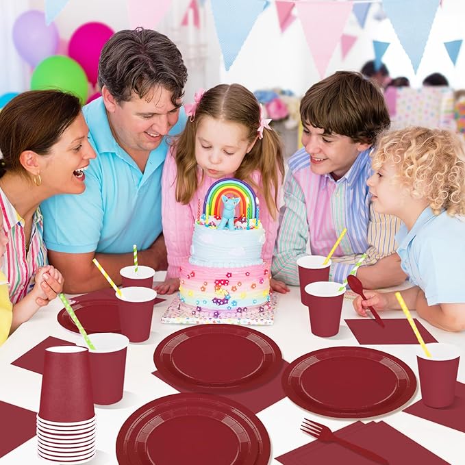 228PCS Burgundy Party Supplies Set Include Paper Plates Cups Paper Napkins Plastic Spoons Forks Knives for 30 Guests Disposable Party Dinnerware for Birthday Wedding Family Picnic