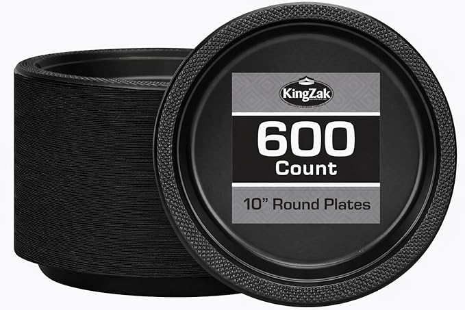 Hanna K. Signature Black Plastic Plates 10 Inch 600 Count – Heavy Duty Disposable Dinner Plates Bulk for Catering, Weddings & Events