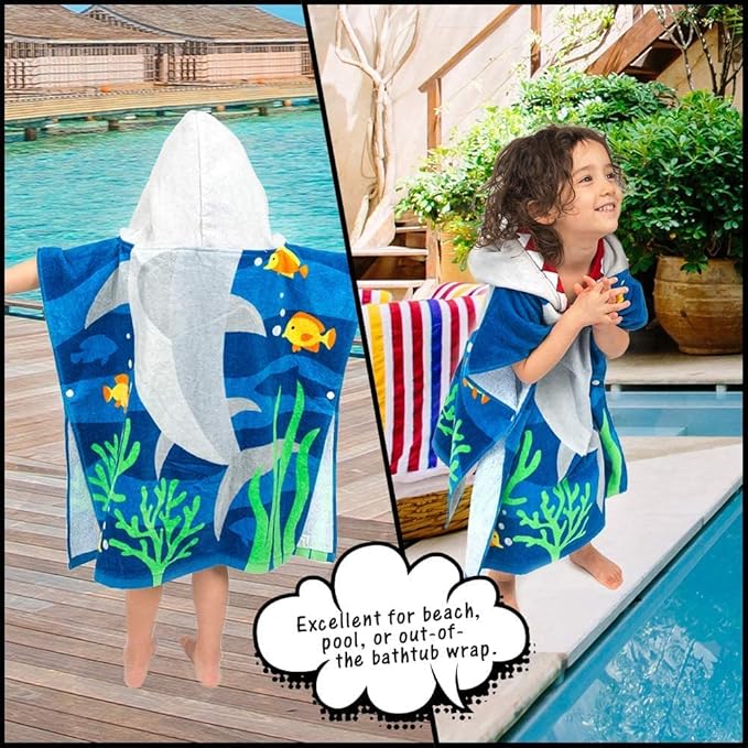 Florica Toddler Hooded Beach Towel Coverup Cape Kids Cotton Soft Quick Dry Absorbent Use for Swim Pool Bath Poncho Towels 2 to 6 Years Old Children 24"x 47" in Full-Length (Brave Shark)