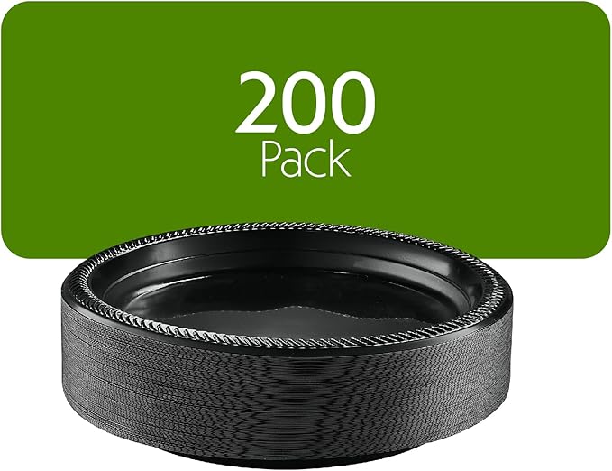 PLASTICPRO 200 PCS Black Plastic Plates Light Weight 9 Inch Plastic Dinner Plates Black Plate Disposable for Party and Wedding